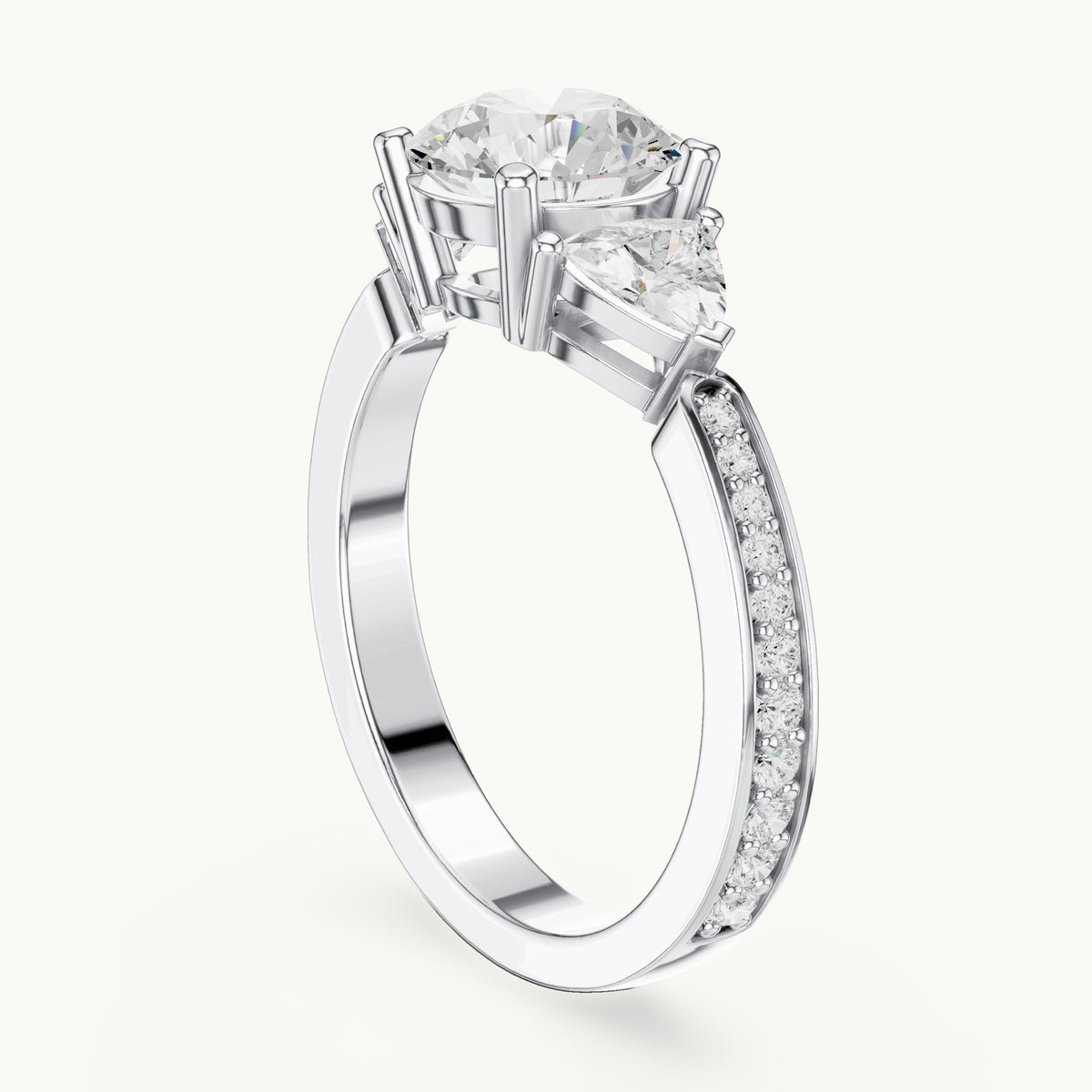 Round and trillion lab-grown diamond three-stone engagement ring with trillion side stones in white gold, 2.188 CT TW, view 1