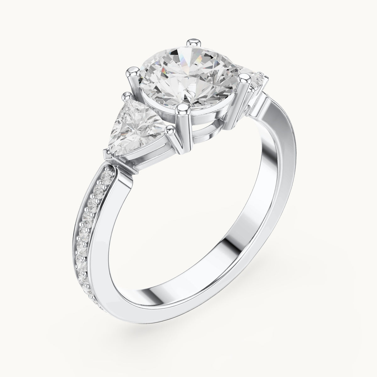 Round and trillion lab-grown diamond three-stone engagement ring with trillion side stones in white gold, 2.188 CT TW, view 2