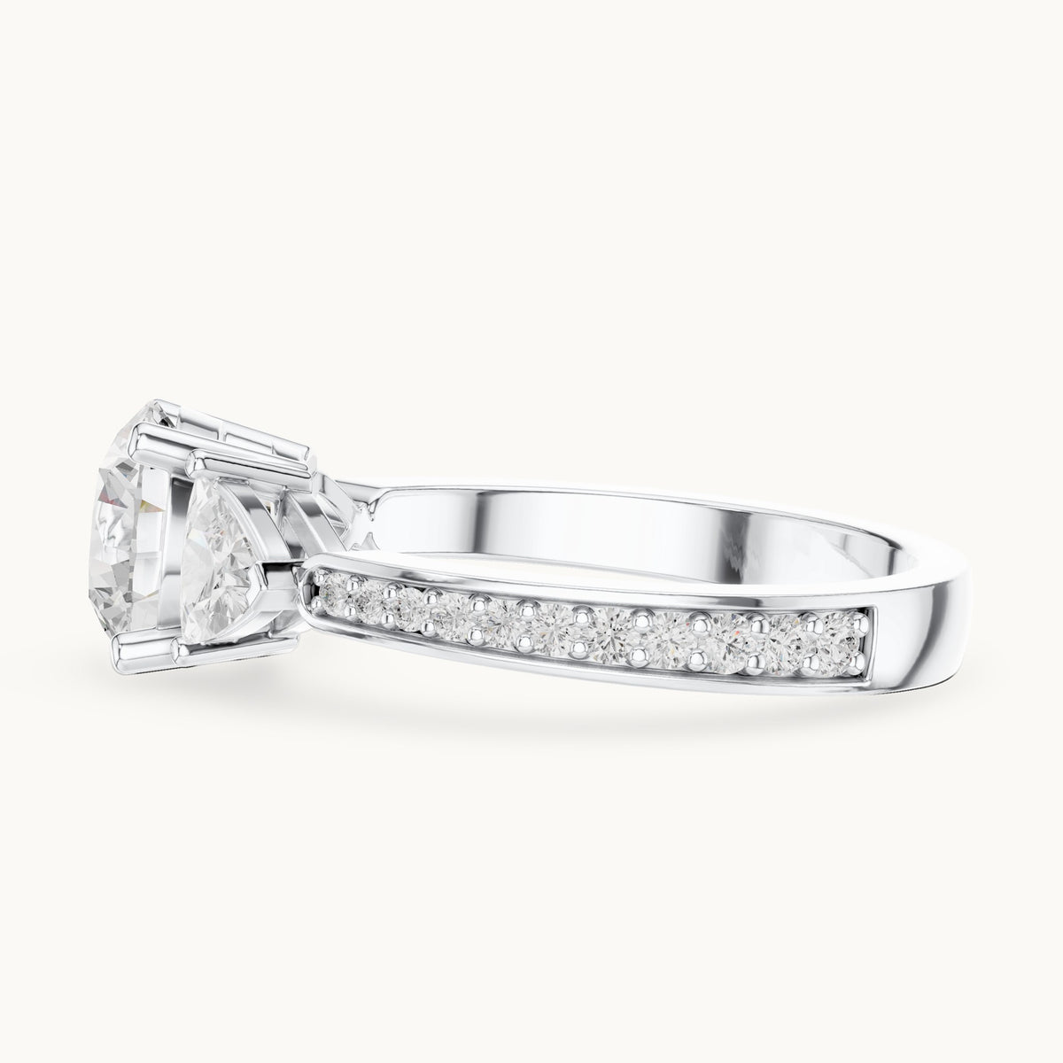 Round and trillion lab-grown diamond three-stone engagement ring with trillion side stones in white gold, 2.188 CT TW, view 3