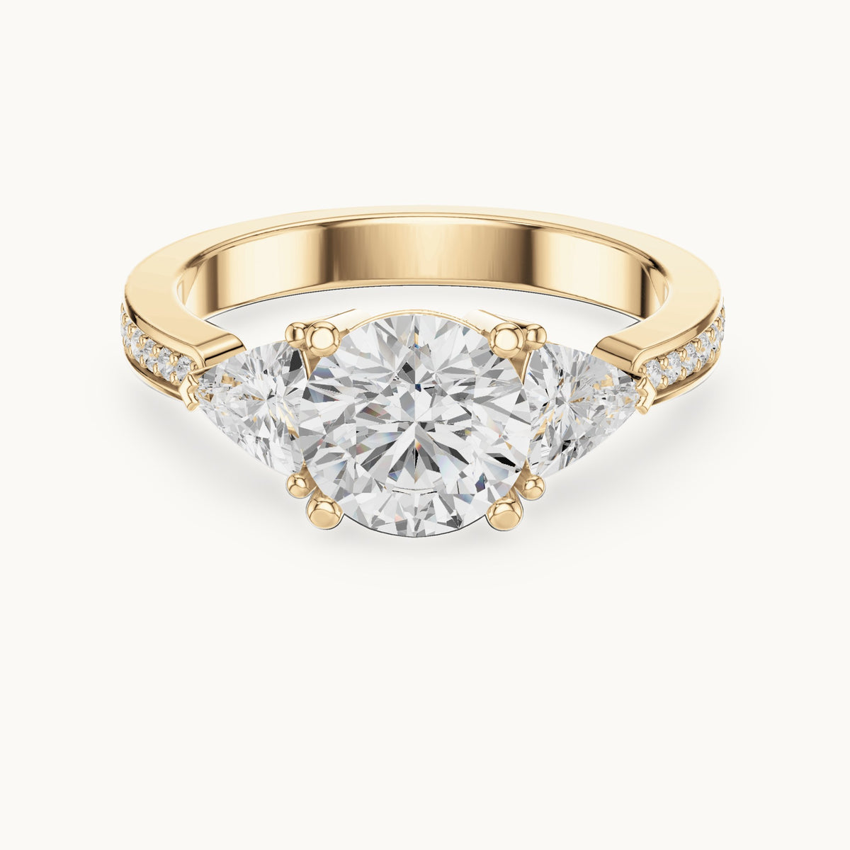 Round and trillion lab-grown diamond three-stone engagement ring with trillion side stones in yellow gold, 2.188 CT TW, view 4