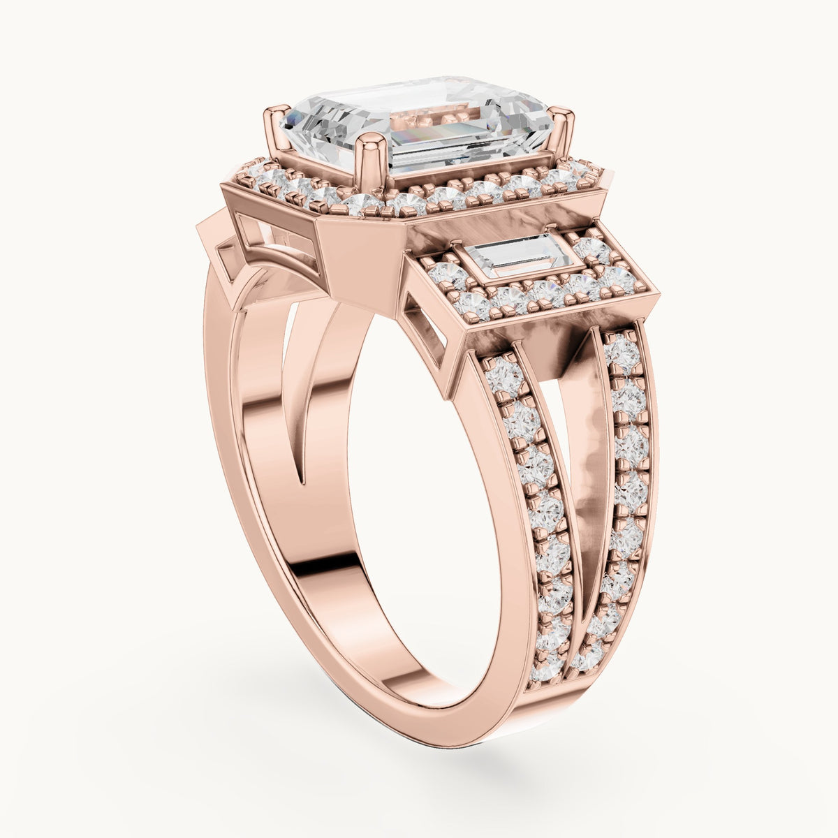 Emerald-cut, round and baguette lab-grown diamond halo engagement ring with baguette accents in rose gold, 3.492 CT TW, view 1