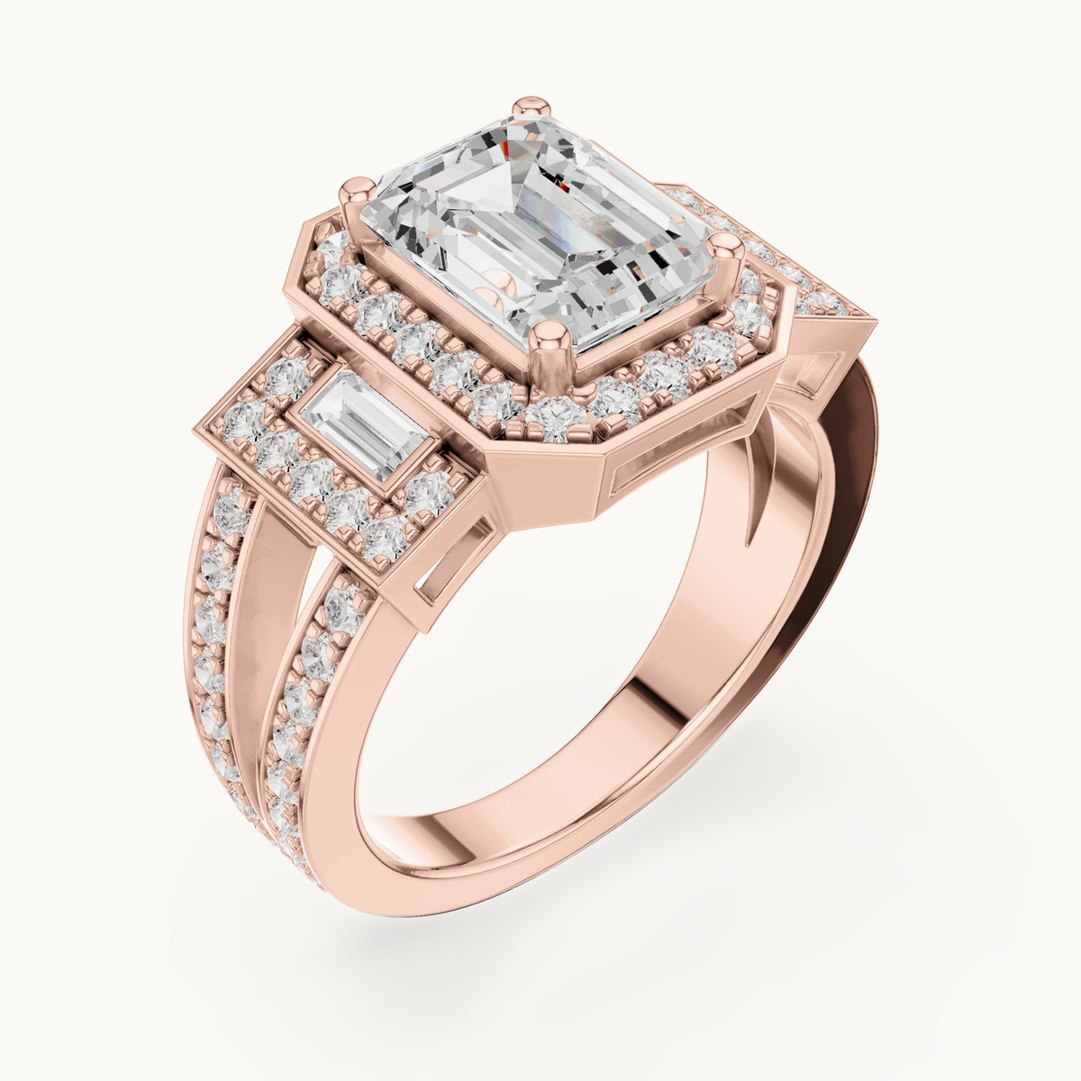 Emerald-cut, round and baguette lab-grown diamond halo engagement ring with baguette accents in rose gold, 3.492 CT TW, view 2