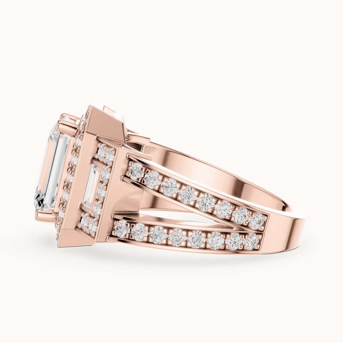 Emerald-cut, round and baguette lab-grown diamond halo engagement ring with baguette accents in rose gold, 3.492 CT TW, view 3