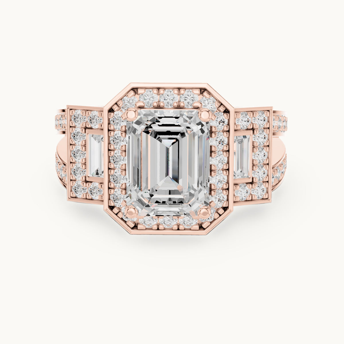 Emerald-cut, round and baguette lab-grown diamond halo engagement ring with baguette accents in rose gold, 3.492 CT TW, view 4