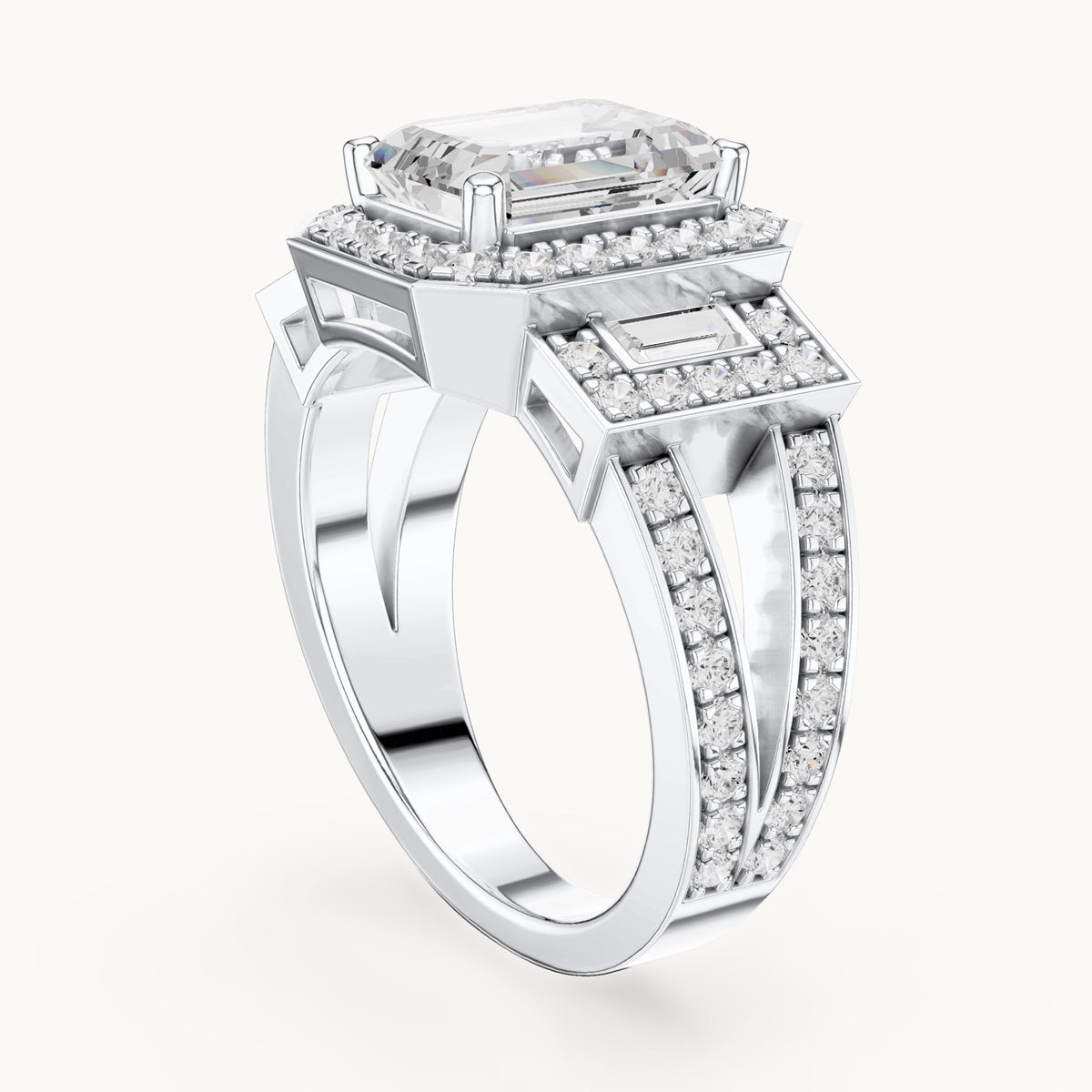 Emerald-cut, round and baguette lab-grown diamond halo engagement ring with baguette accents in white gold, 3.492 CT TW, view 1