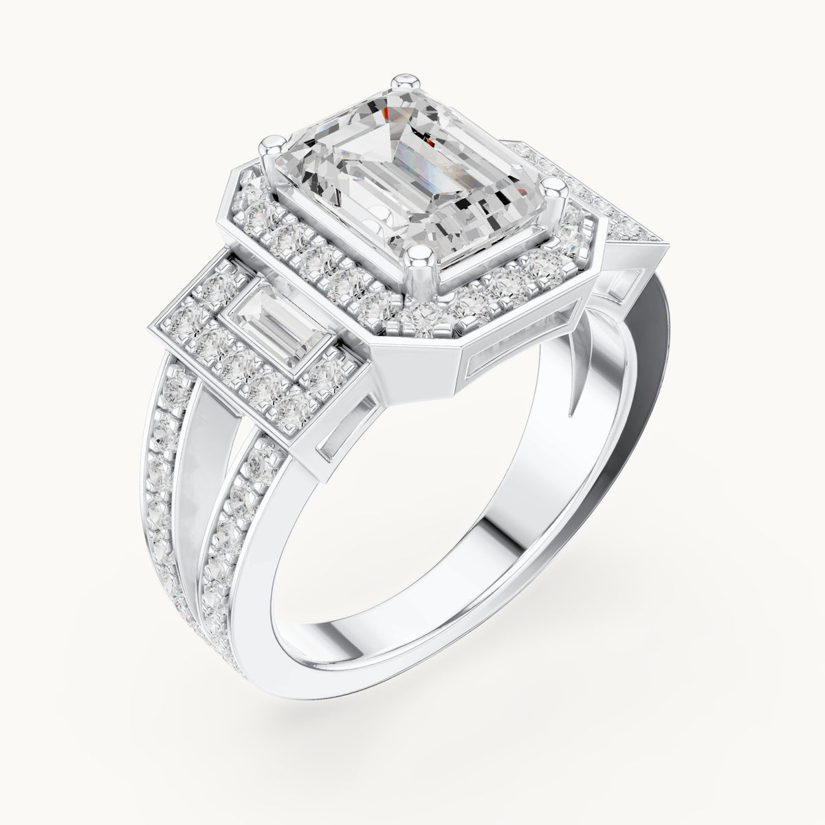 Emerald-cut, round and baguette lab-grown diamond halo engagement ring with baguette accents in white gold, 3.492 CT TW, view 2