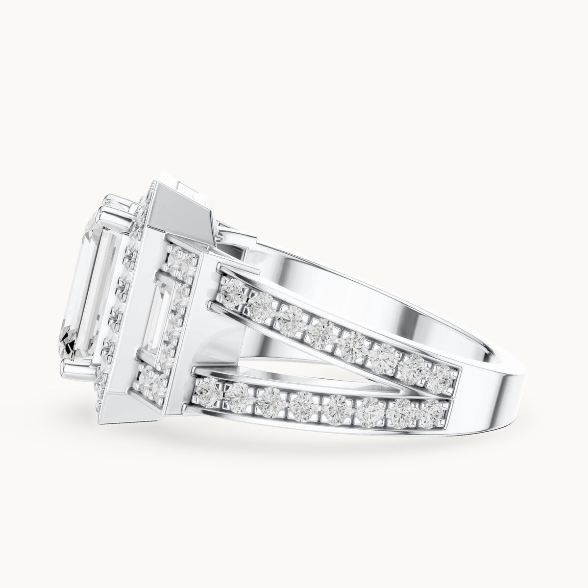 Emerald-cut, round and baguette lab-grown diamond halo engagement ring with baguette accents in white gold, 3.492 CT TW, view 3