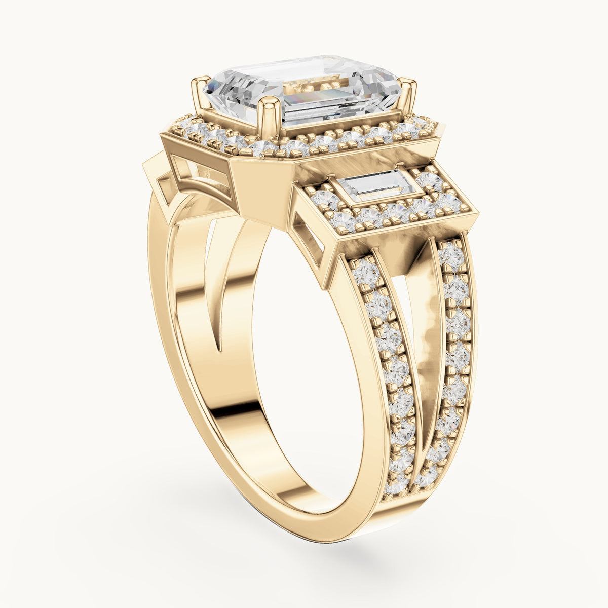 Emerald-cut, round and baguette lab-grown diamond halo engagement ring with baguette accents in yellow gold, 3.492 CT TW, view 1
