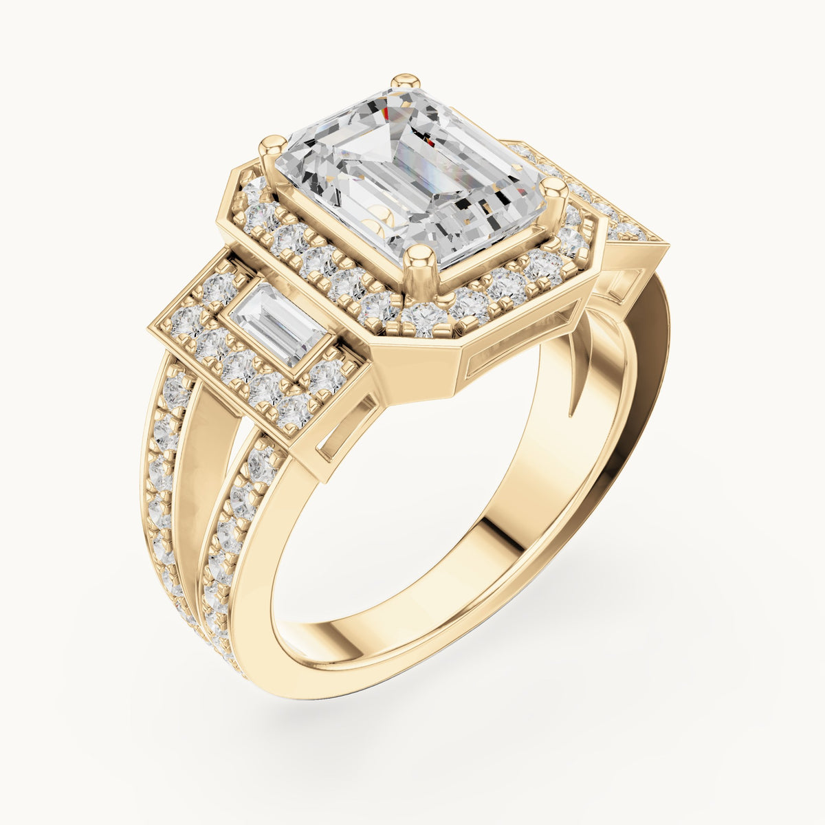 Emerald-cut, round and baguette lab-grown diamond halo engagement ring with baguette accents in yellow gold, 3.492 CT TW, view 2