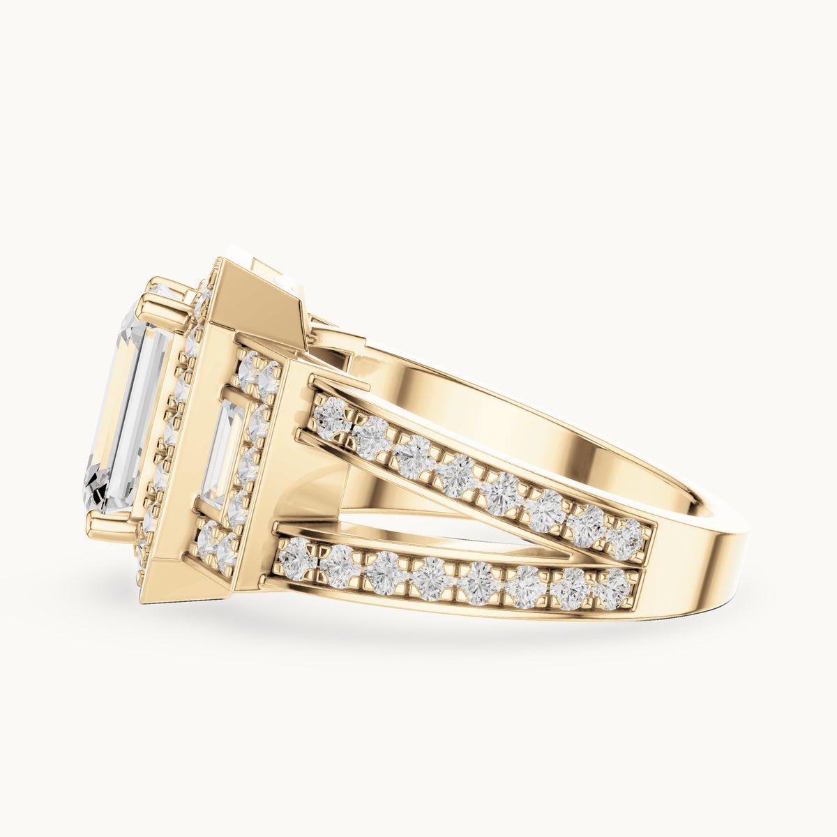 Emerald-cut, round and baguette lab-grown diamond halo engagement ring with baguette accents in yellow gold, 3.492 CT TW, view 3