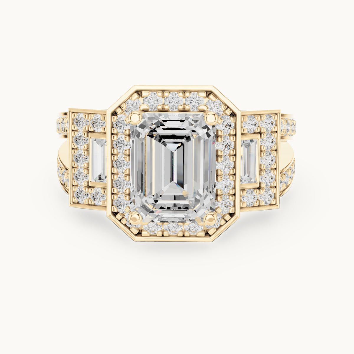 Emerald-cut, round and baguette lab-grown diamond halo engagement ring with baguette accents in yellow gold, 3.492 CT TW, view 4