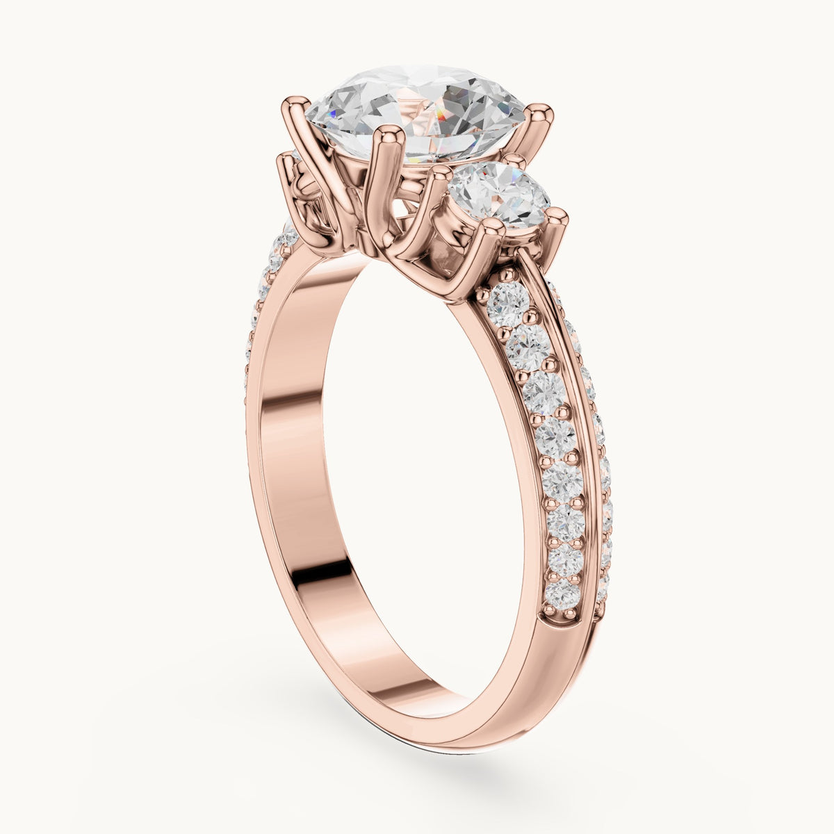 Round lab-grown diamond three-stone pavé engagement ring in rose gold, 2.658 CT TW, view 1