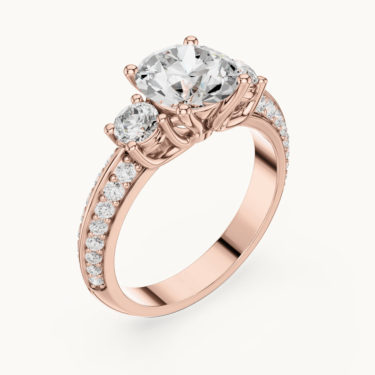 Round lab-grown diamond three-stone pavé engagement ring in rose gold, 2.658 CT TW, view 2