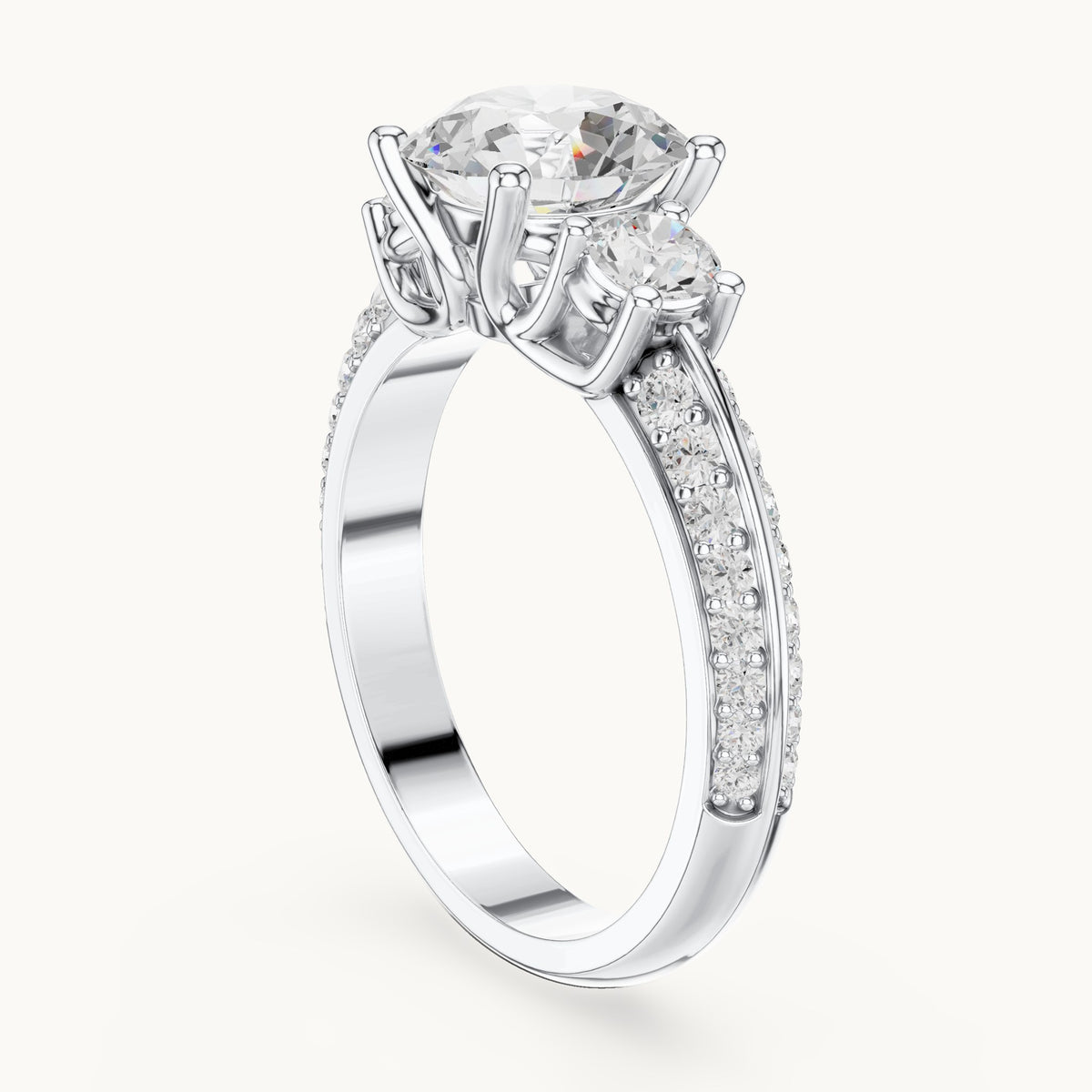 Round lab-grown diamond three-stone pavé engagement ring in white gold, 2.658 CT TW, view 1