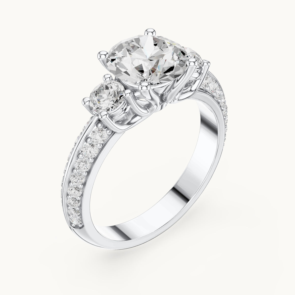 Round lab-grown diamond three-stone pavé engagement ring in white gold, 2.658 CT TW, view 2