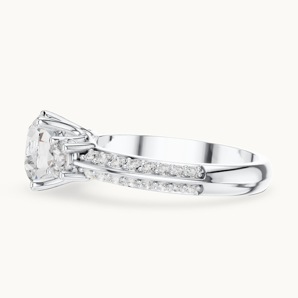 Round lab-grown diamond three-stone pavé engagement ring in white gold, 2.658 CT TW, view 3