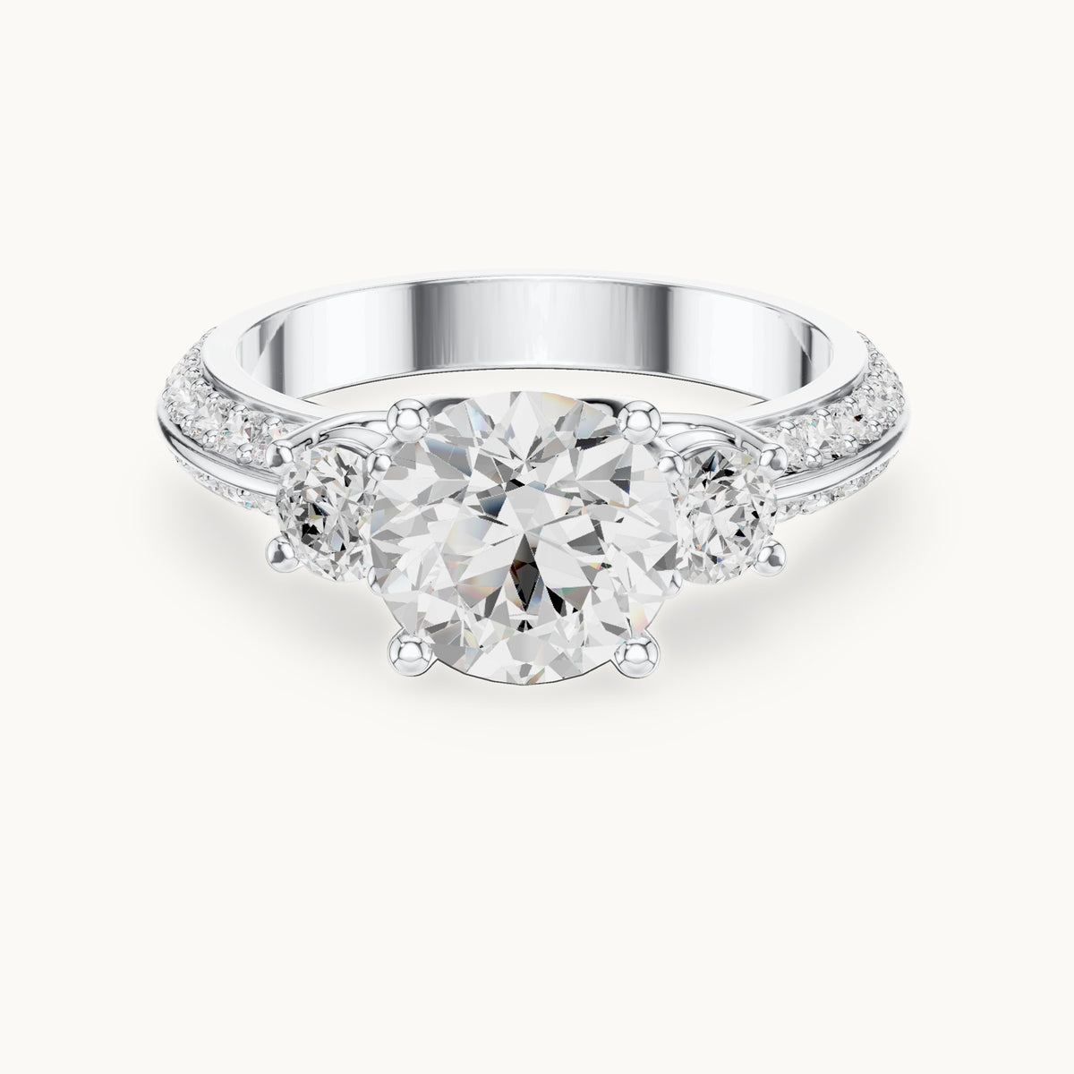 Round lab-grown diamond three-stone pavé engagement ring in white gold, 2.658 CT TW, view 4
