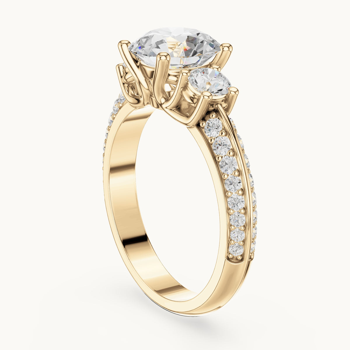 Round lab-grown diamond three-stone pavé engagement ring in yellow gold, 2.658 CT TW, view 1