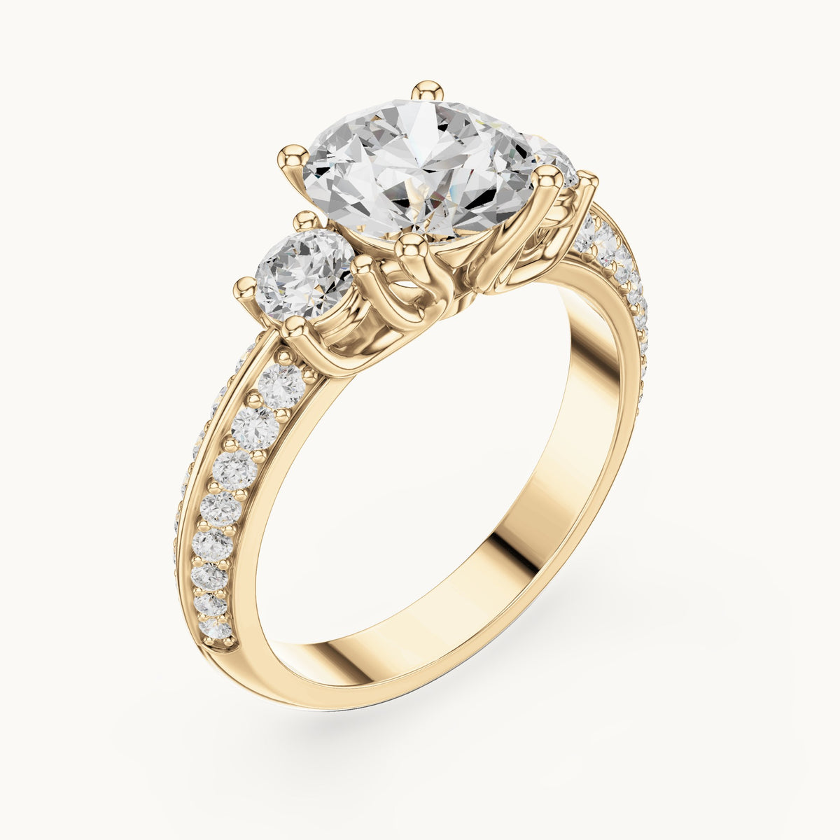 Round lab-grown diamond three-stone pavé engagement ring in yellow gold, 2.658 CT TW, view 2