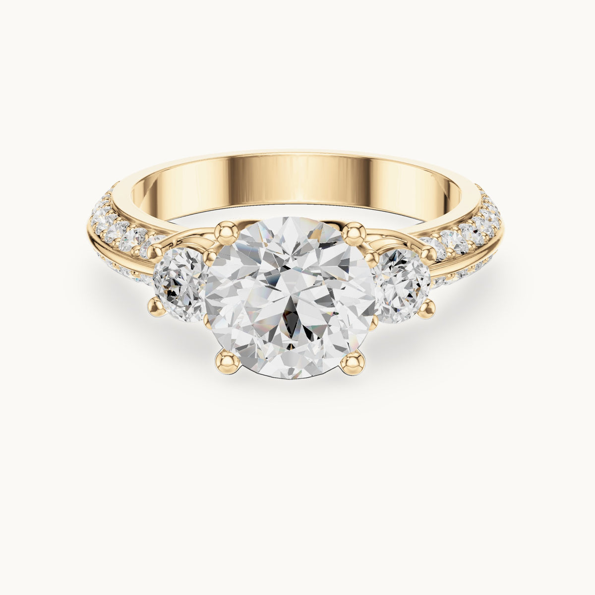 Round lab-grown diamond three-stone pavé engagement ring in yellow gold, 2.658 CT TW, view 4