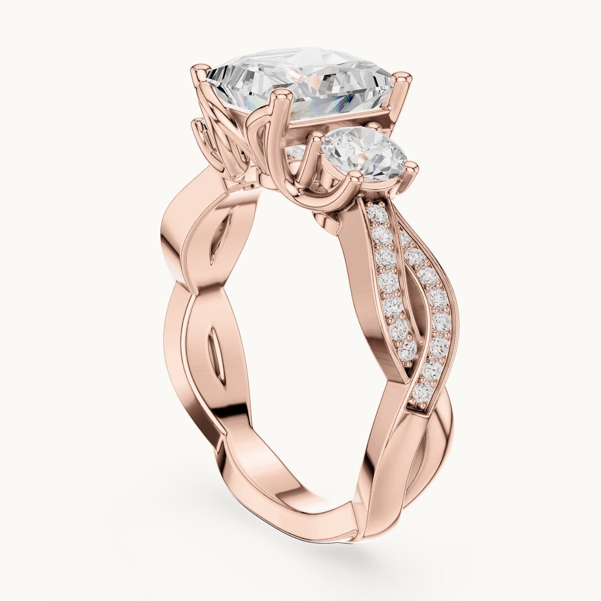 Princess-cut and round lab-grown diamond twisted three-stone engagement ring in rose gold, 3.27 CT TW, view 1