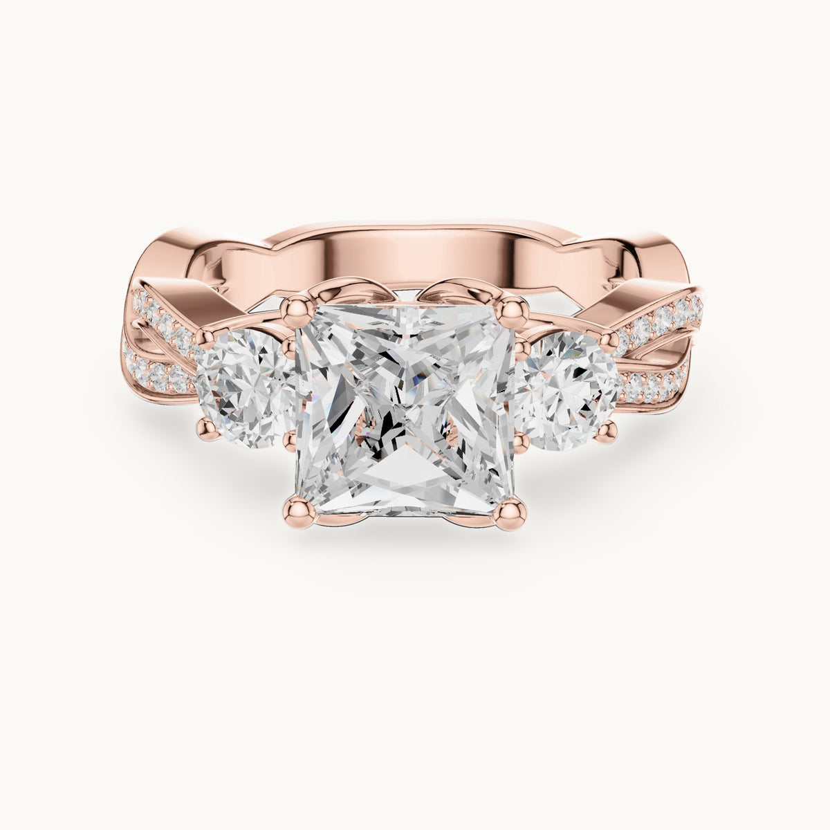 Princess-cut and round lab-grown diamond twisted three-stone engagement ring in rose gold, 3.27 CT TW, view 4