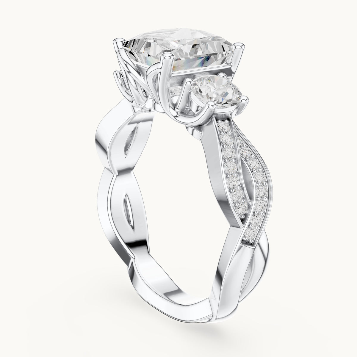 Princess-cut and round lab-grown diamond twisted three-stone engagement ring in white gold, 3.27 CT TW, view 1