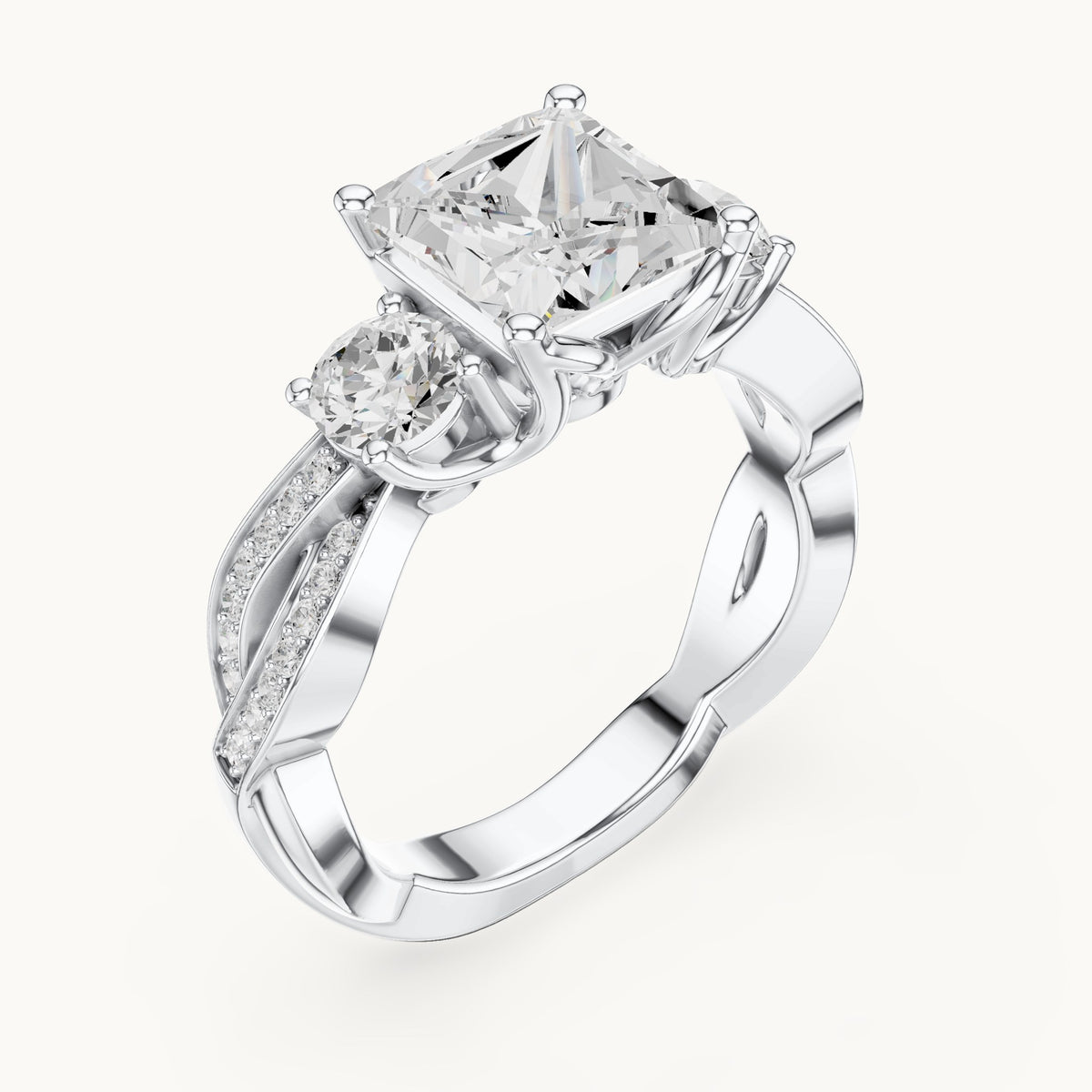 Princess-cut and round lab-grown diamond twisted three-stone engagement ring in white gold, 3.27 CT TW, view 2