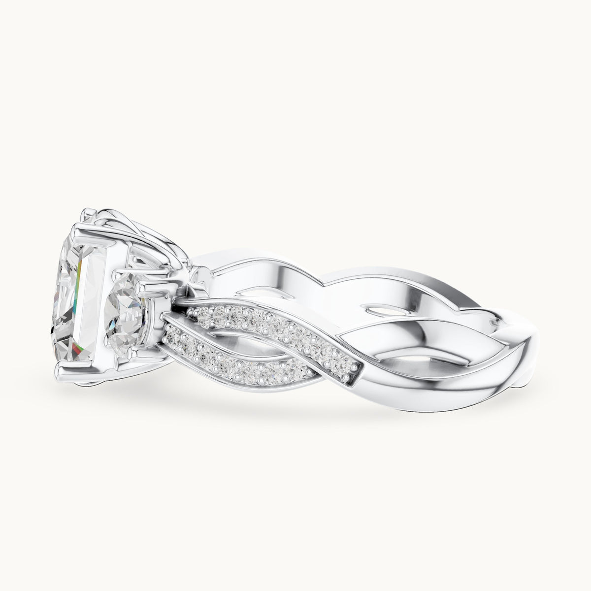 Princess-cut and round lab-grown diamond twisted three-stone engagement ring in white gold, 3.27 CT TW, view 3