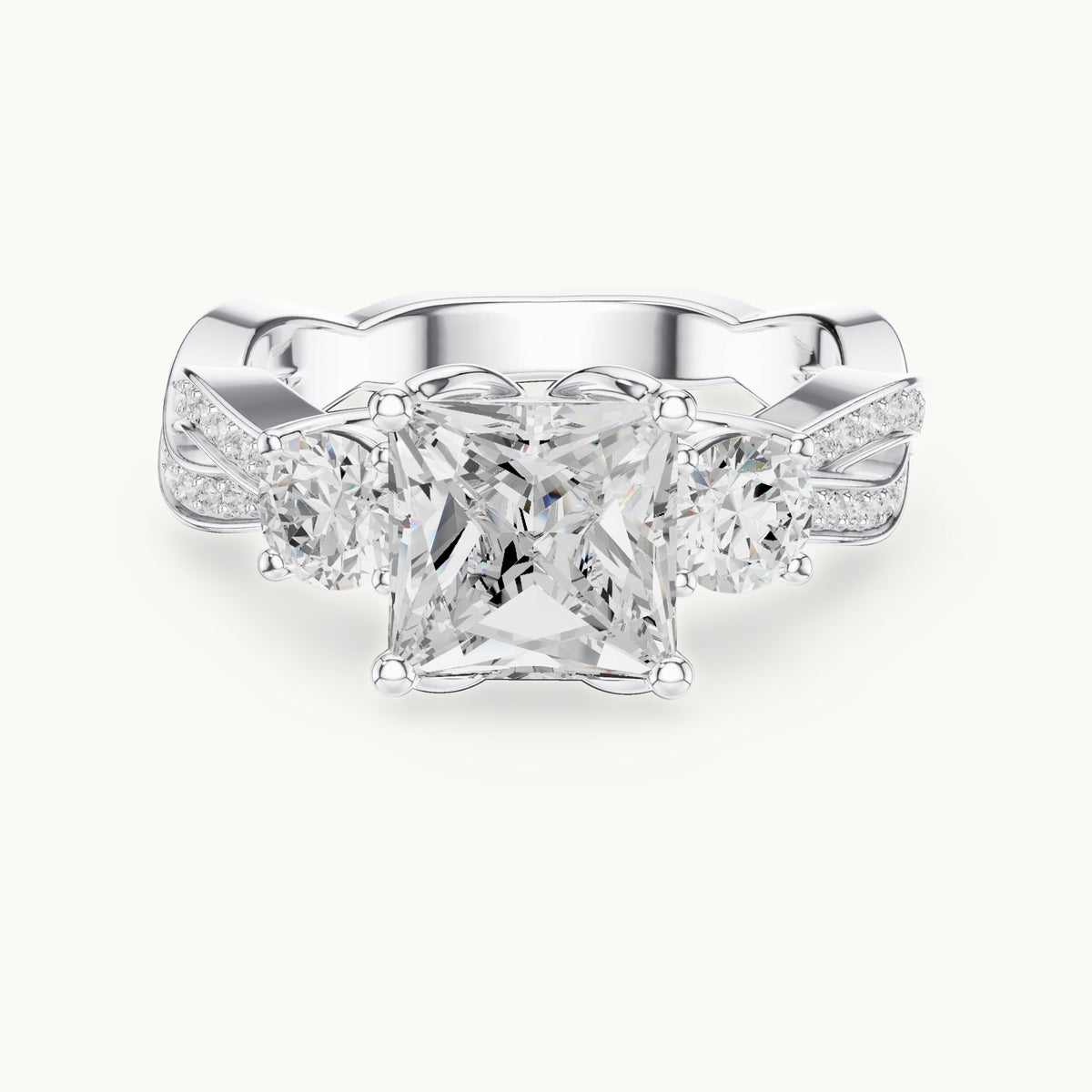 Princess-cut and round lab-grown diamond twisted three-stone engagement ring in white gold, 3.27 CT TW, view 4