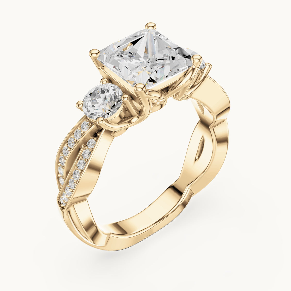 Princess-cut and round lab-grown diamond twisted three-stone engagement ring in yellow gold, 3.27 CT TW, view 2