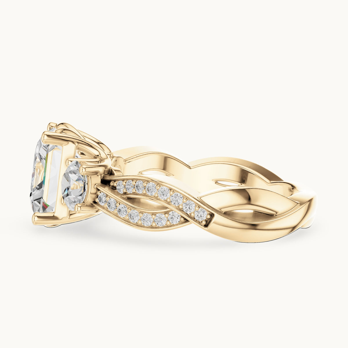 Princess-cut and round lab-grown diamond twisted three-stone engagement ring in yellow gold, 3.27 CT TW, view 3