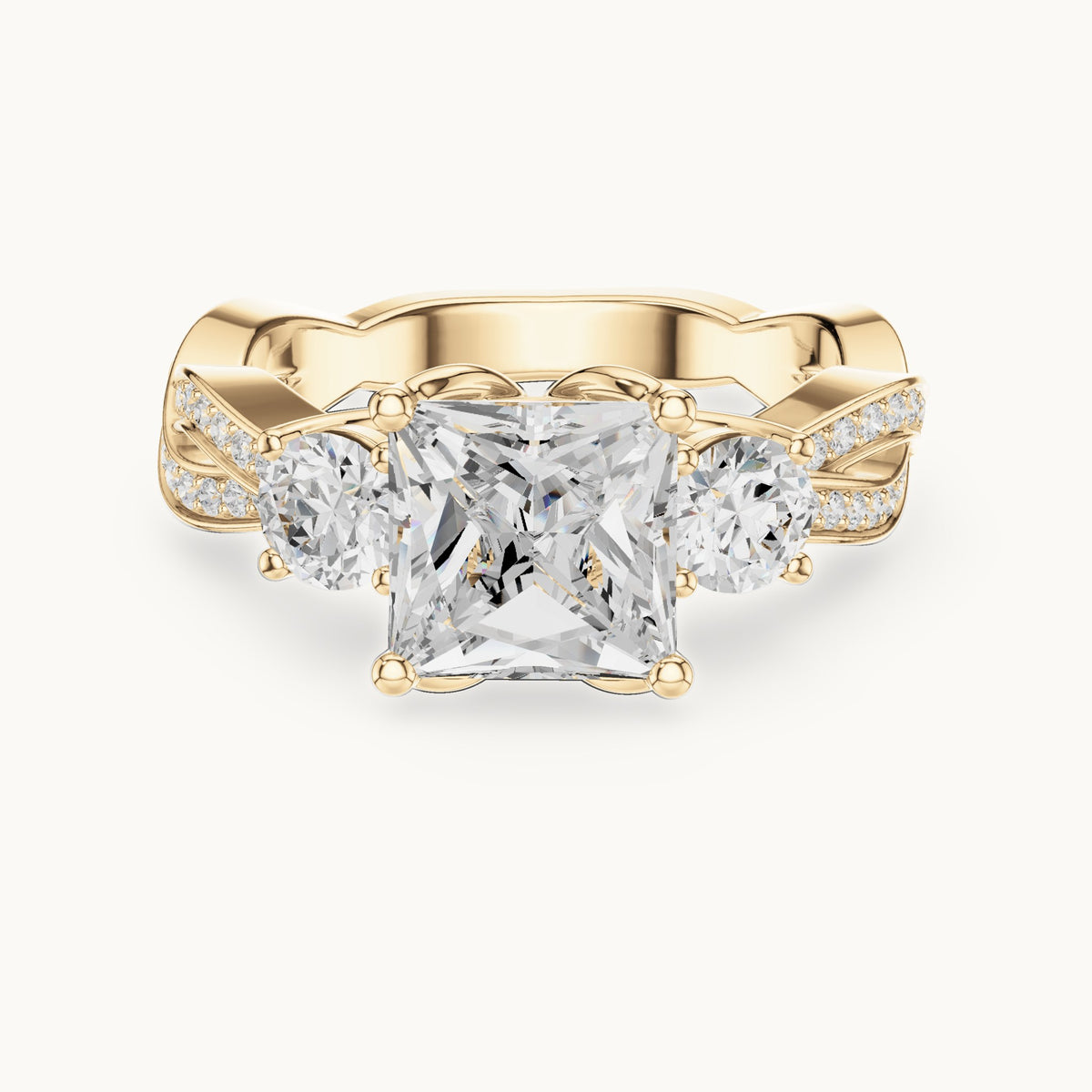 Princess-cut and round lab-grown diamond twisted three-stone engagement ring in yellow gold, 3.27 CT TW, view 4