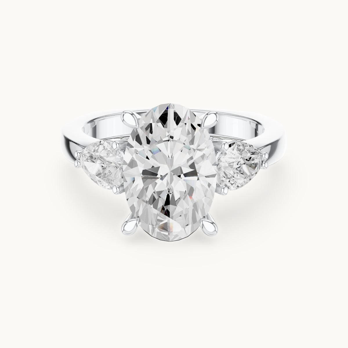 Oval, pear and round lab-grown diamond three-stone engagement ring with pear side stones in white gold, 3.716 CT TW, view 4