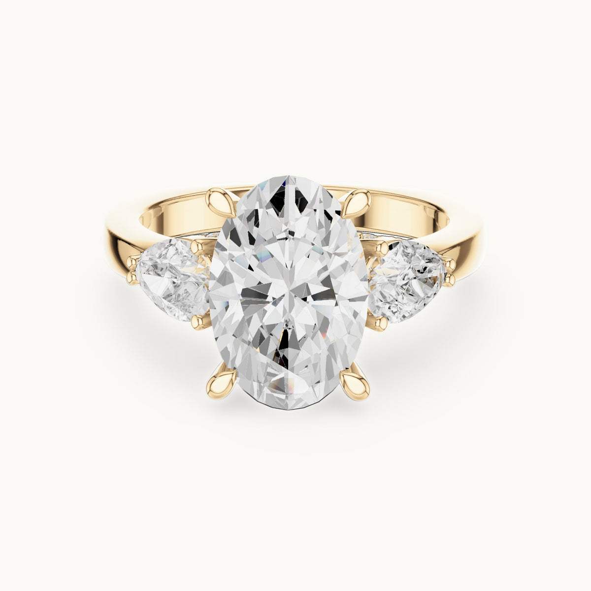 Oval, pear and round lab-grown diamond three-stone engagement ring with pear side stones in yellow gold, 3.716 CT TW, view 4