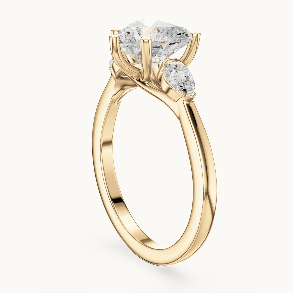 Heart and pear lab-grown diamond three-stone engagement ring with pear side stones in yellow gold, 2.30 CT TW, view 1