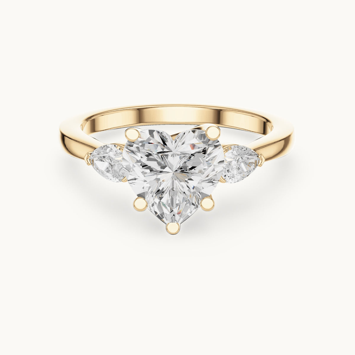 Heart and pear lab-grown diamond three-stone engagement ring with pear side stones in yellow gold, 2.30 CT TW, view 4