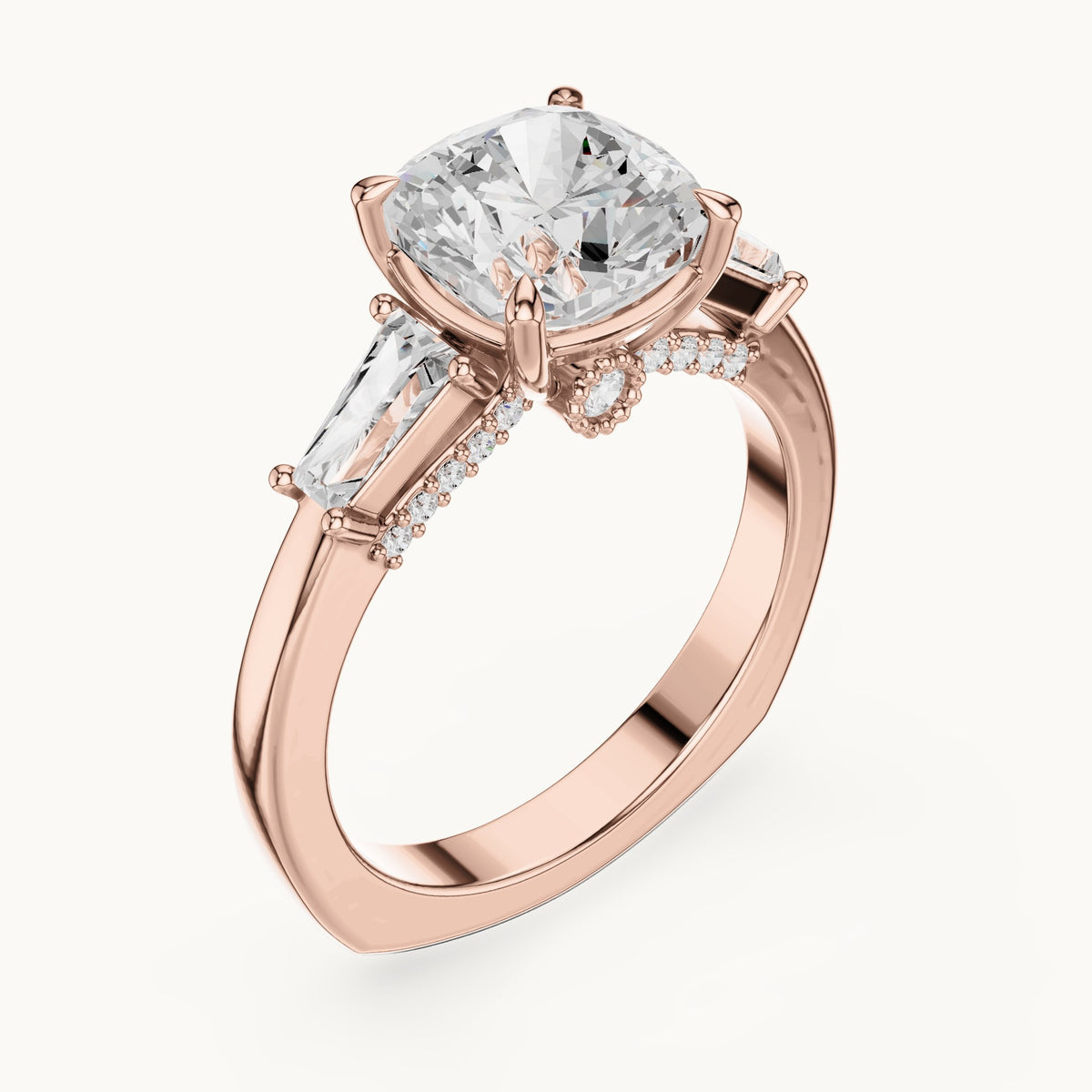 Cushion-cut, baguette and round lab-grown diamond engagement ring with baguette side stones in rose gold, 3.71 CT TW, view 2