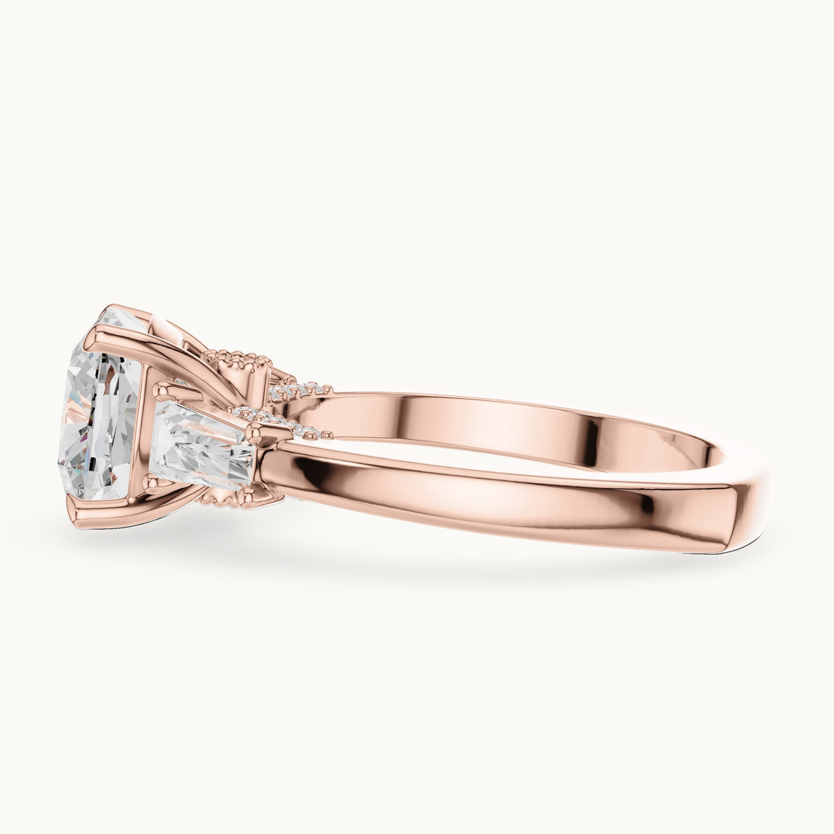 Cushion-cut, baguette and round lab-grown diamond engagement ring with baguette side stones in rose gold, 3.71 CT TW, view 3