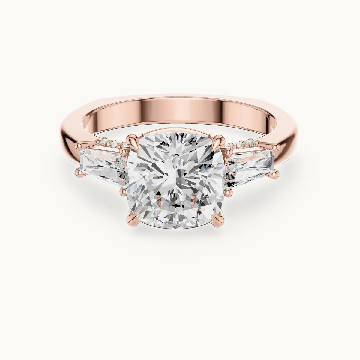 Cushion-cut, baguette and round lab-grown diamond engagement ring with baguette side stones in rose gold, 3.71 CT TW, view 4