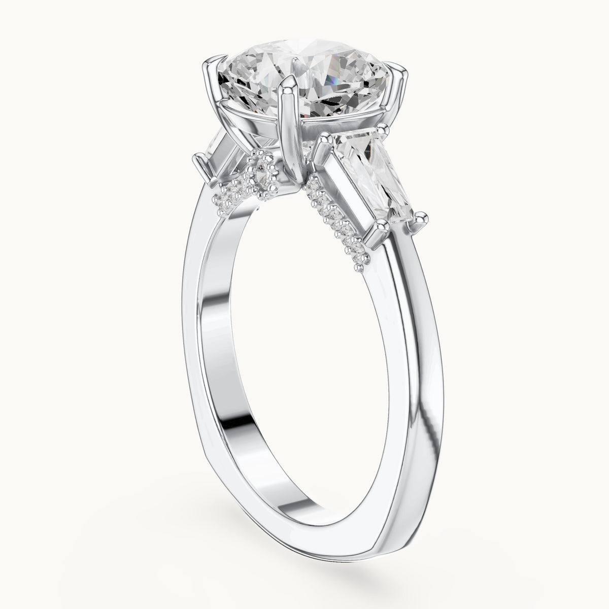 Cushion-cut, baguette and round lab-grown diamond engagement ring with baguette side stones in white gold, 3.71 CT TW, view 1