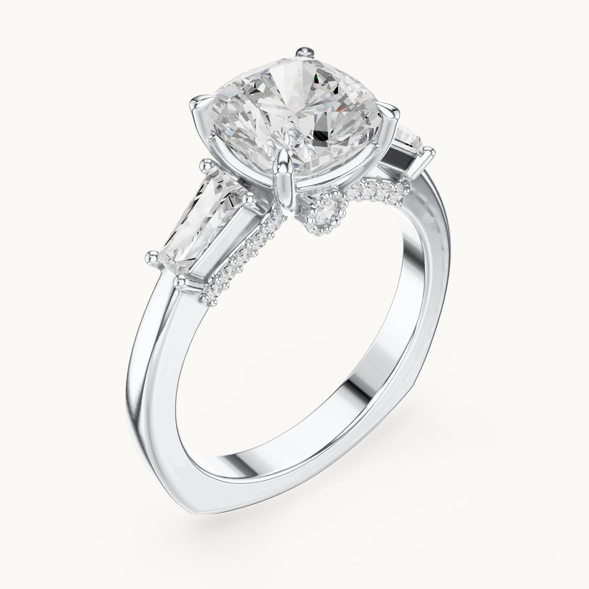 Cushion-cut, baguette and round lab-grown diamond engagement ring with baguette side stones in white gold, 3.71 CT TW, view 2