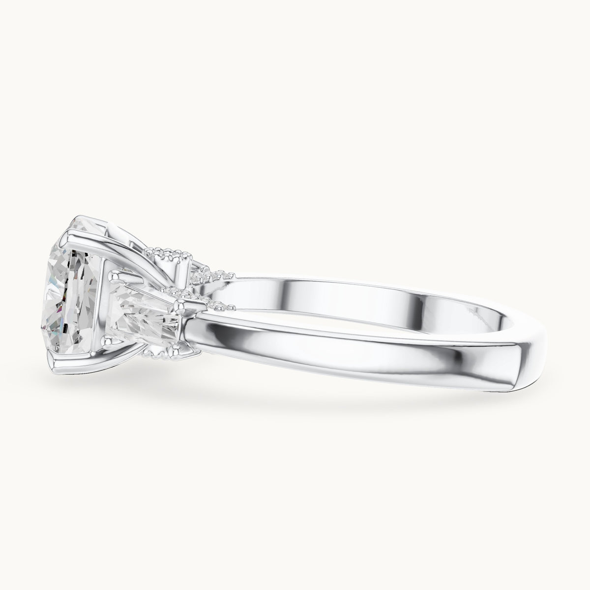 Cushion-cut, baguette and round lab-grown diamond engagement ring with baguette side stones in white gold, 3.71 CT TW, view 3