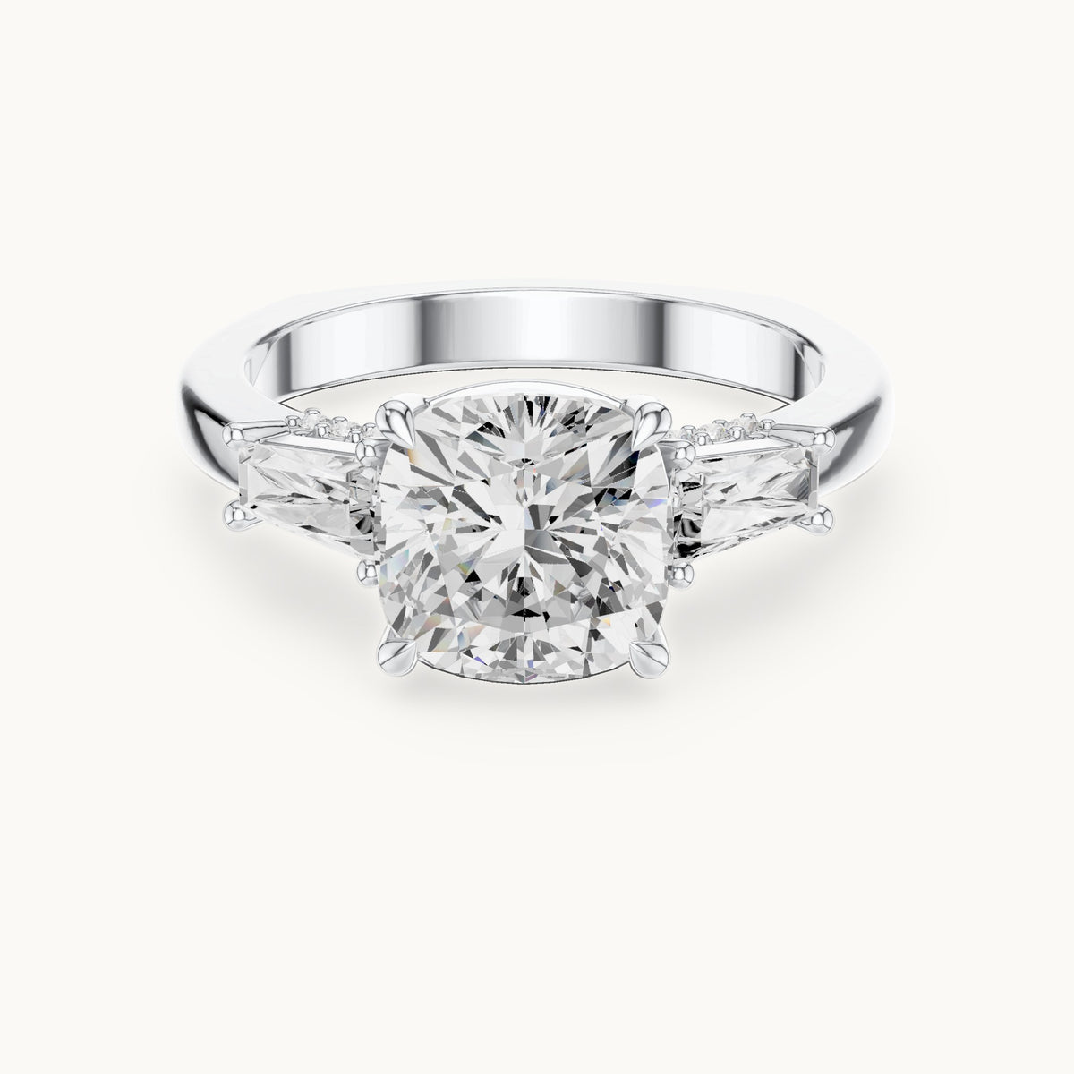 Cushion-cut, baguette and round lab-grown diamond engagement ring with baguette side stones in white gold, 3.71 CT TW, view 4