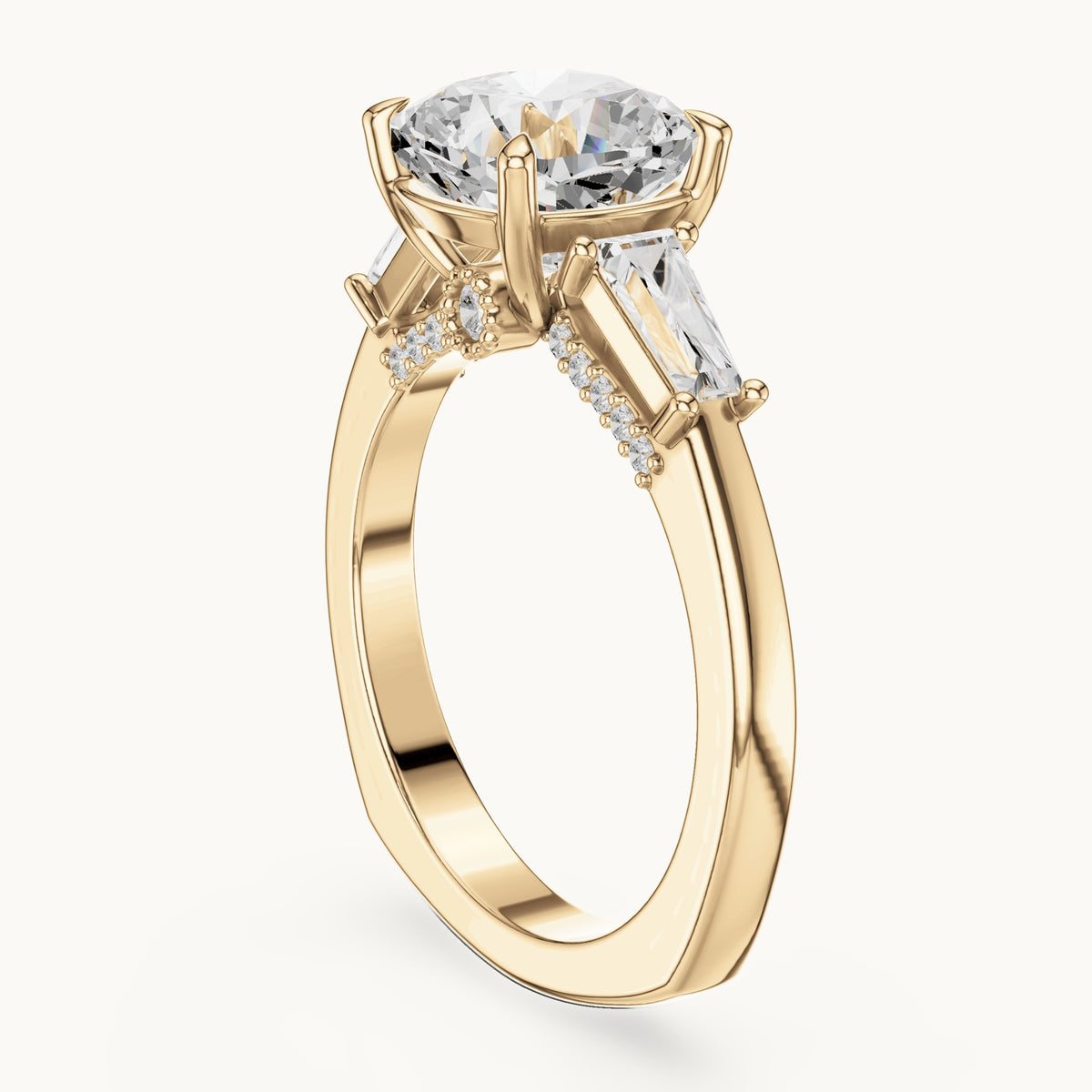 Cushion-cut, baguette and round lab-grown diamond engagement ring with baguette side stones in yellow gold, 3.71 CT TW, view 1