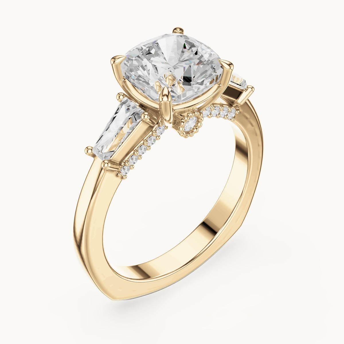 Cushion-cut, baguette and round lab-grown diamond engagement ring with baguette side stones in yellow gold, 3.71 CT TW, view 2