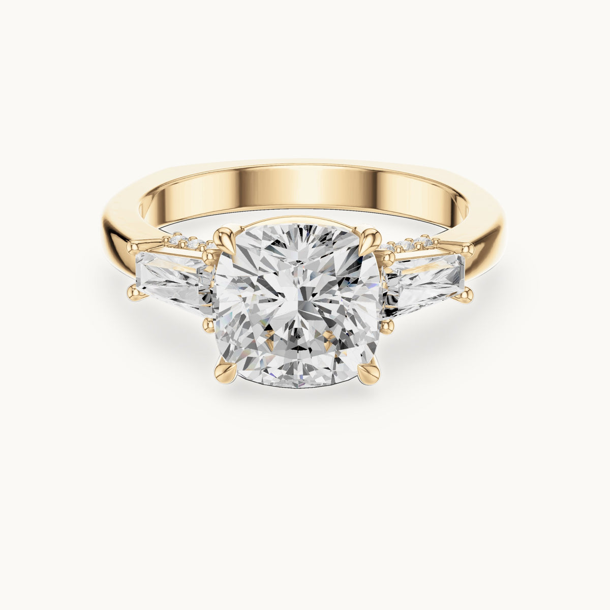 Cushion-cut, baguette and round lab-grown diamond engagement ring with baguette side stones in yellow gold, 3.71 CT TW, view 4