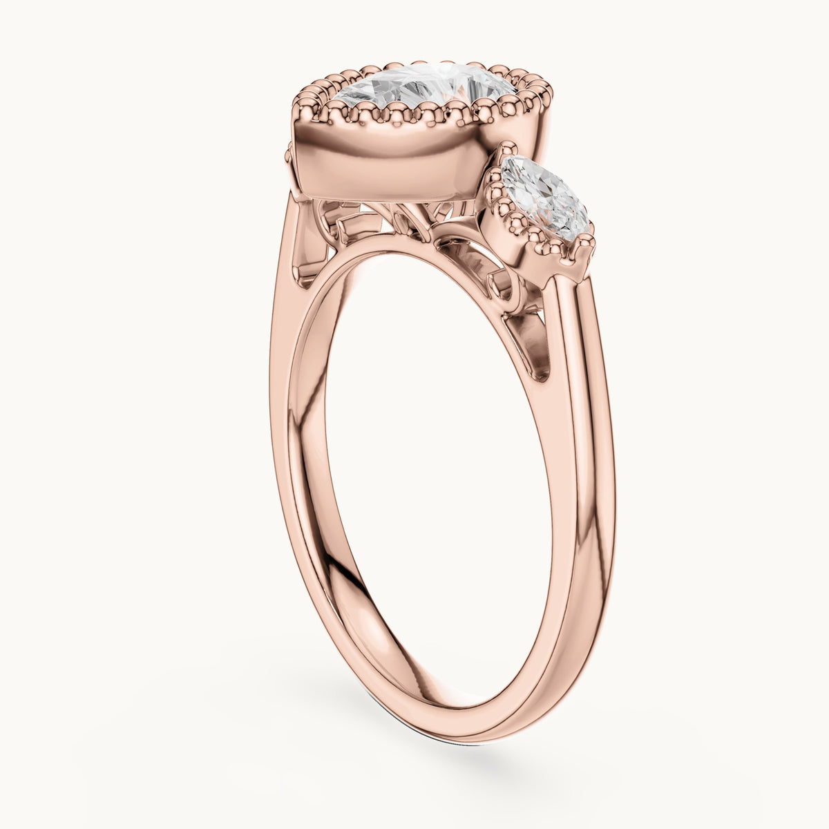 Pear and marquise lab-grown diamond halo engagement ring with marquise side stones in rose gold, 1.52 CT TW, view 1