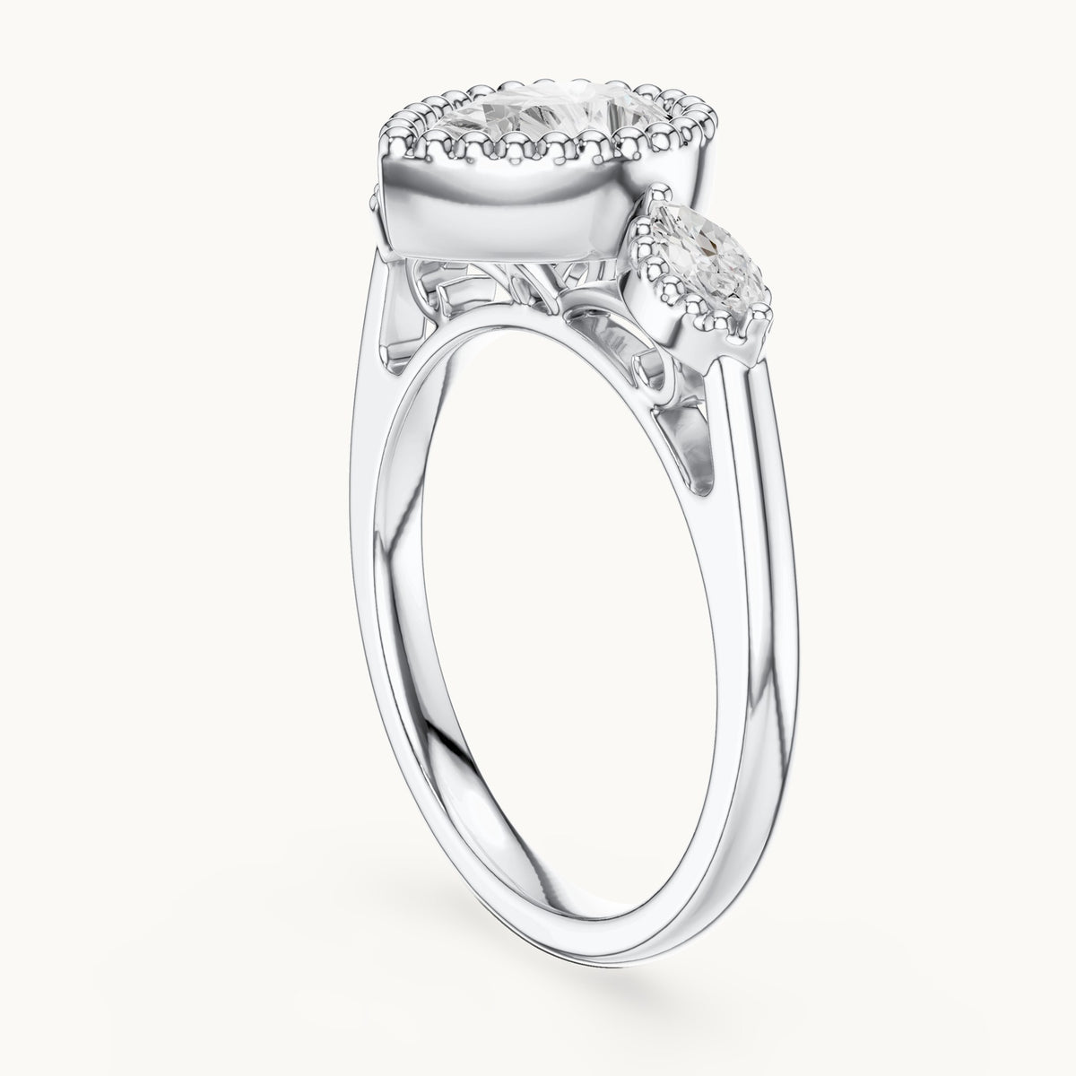 Pear and marquise lab-grown diamond halo engagement ring with marquise side stones in white gold, 1.52 CT TW, view 1