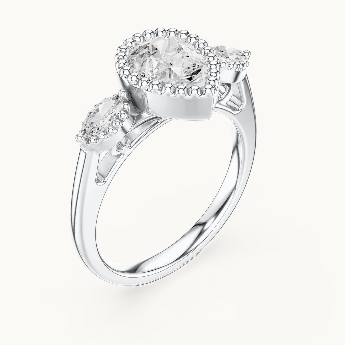 Pear and marquise lab-grown diamond halo engagement ring with marquise side stones in white gold, 1.52 CT TW, view 2